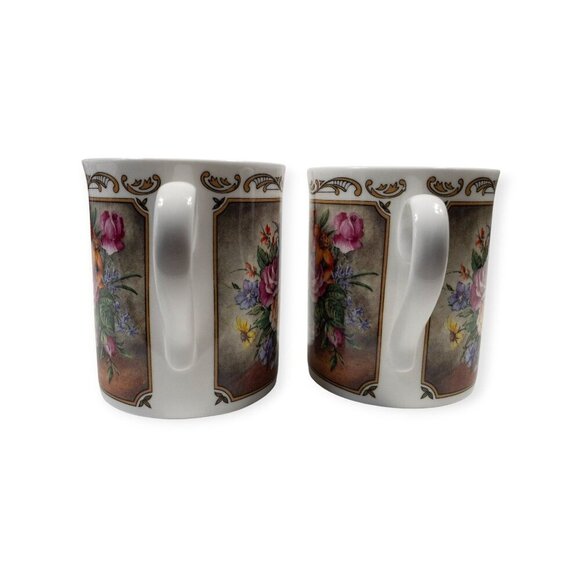 Royal Worcester Porcelain Floral Bouquet Scroll Coffee/Tea Mugs Set Of 2 Fine Bo - Picture 10 of 15